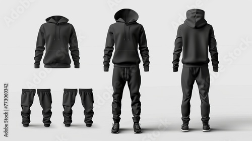 Vector mockup of black sportswear for men, including a hoodie and trousers, suitable for athletic wear photo