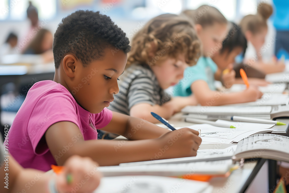 Focused young girl diligently working on her school assignment in a bright, busy classroom. Generative AI Focused young girl diligently working on her school assignment in a bright, busy classroom. Generative AI