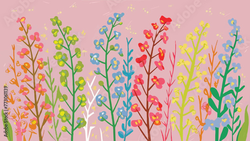 Vibrant Blooms: Spring Design with Colorful Flowering Branches on a Light Pink Background