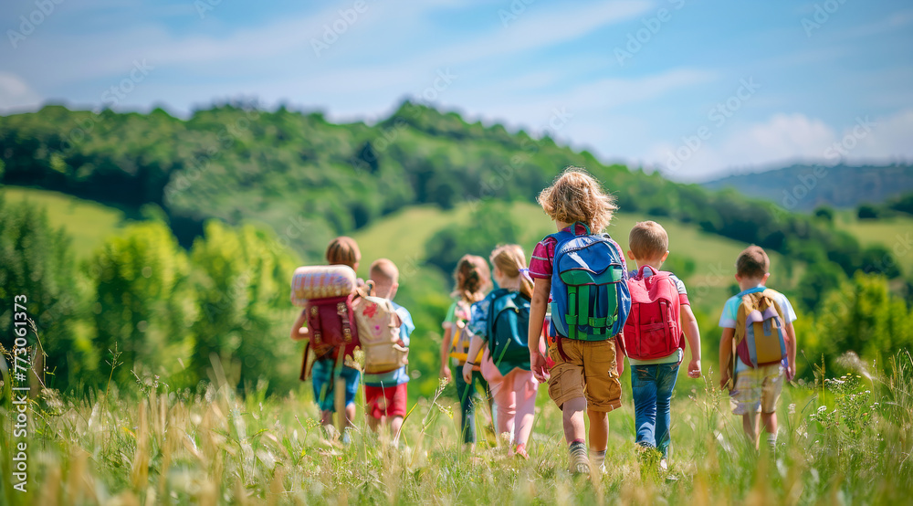 Group of children with backpacks walking on the green fields on a sunny summer day, outdoor activity, time healthy spent. Group of children with backpacks walking on the green fields on a sunny summer day, outdoor activity, time healthy spent.