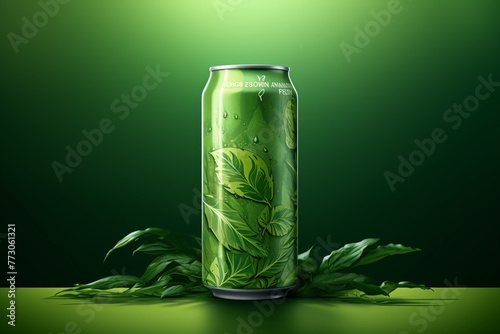 a green can with leaves on it