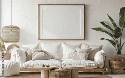 Mockup frame close up in coastal style home interior background, 3d render photo