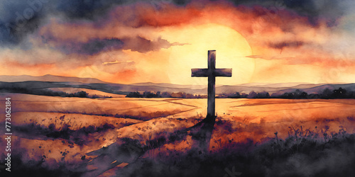 Silhouetted Cross Adorns Serene Countryside at Fiery Dusk, Watercolor Painting