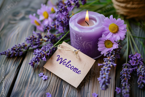 Candlelit welcome amidst lavender and daisies on a rustic backdrop. A serene invitation with vibrant blooms and candle glow for a homey ambiance photo