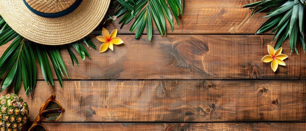 On a wooden table, a straw hat and chic sunglasses sit beside a ripe pineapple, surrounded by vibrant palm leaves. A scene exuding tropical charm and summer relaxation, perfect for travel. On a wooden table, a straw hat and chic sunglasses sit beside a ripe pineapple, surrounded by vibrant palm leaves. A scene exuding tropical charm and summer relaxation, perfect for travel.