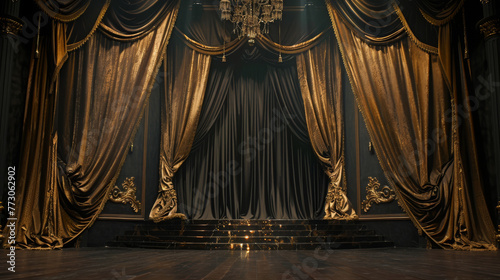 Amidst the quiet anticipation of an empty stage, a majestic black and gold curtain hangs in regal splendor.