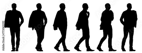 Vector concept conceptual black silhouette of a man with a jacket over his shoulder from different perspectives isolated on white background. A metaphor for casual, confidence, business and lifestyle