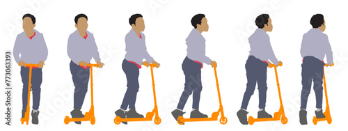 Vector concept conceptual silhouette of a child riding a scooter from different  perspectives isolated on white background. A metaphor for sport and fun, leisure and transportation, lifestyle