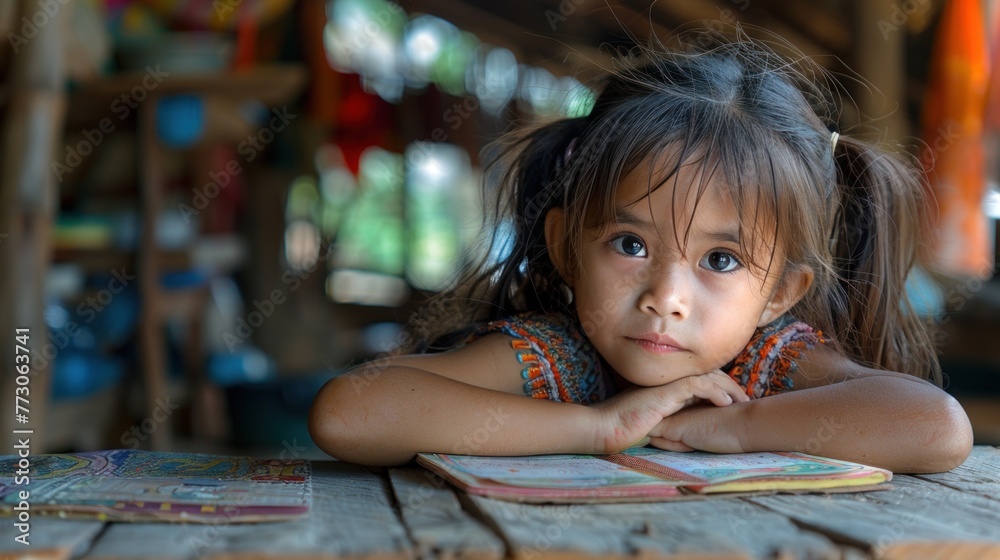 a children studying at a table and resting her head tiredly on the textbooks a children studying at a table and resting her head tiredly on the textbooks