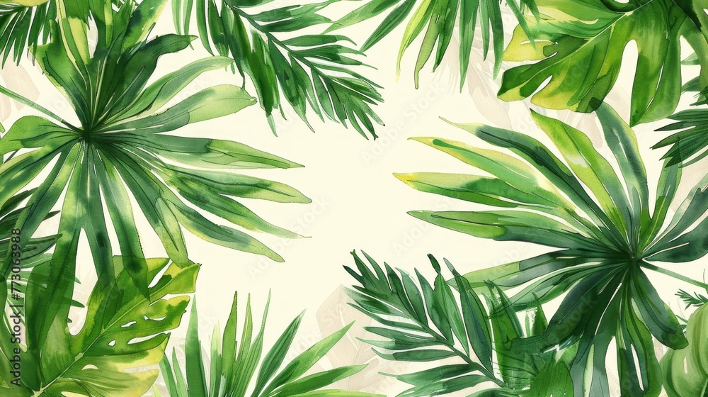 pattern of green palm leaves, painted with watercolor on white paper