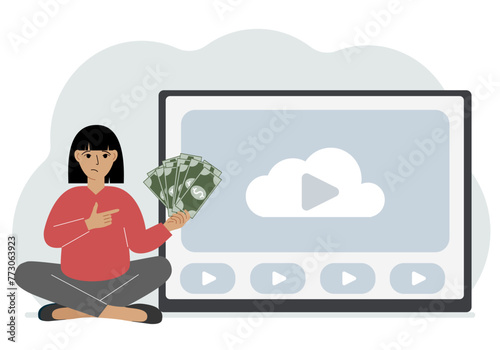 A woman holds paper banknotes in his hand, next to a computer with a video. Freelancer, earning money, working on the Internet, training, coaching, business, remote work. Vector flat illustration