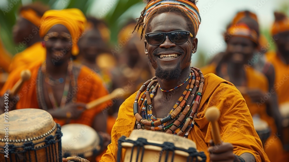 Africans play drums, dance, shaman