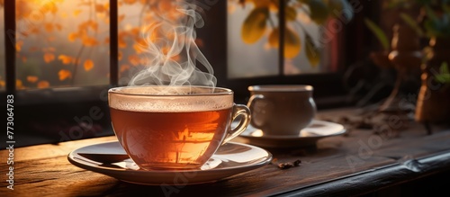 A cup of freshly brewed hot tea, steam escaping, bright kitchen table background