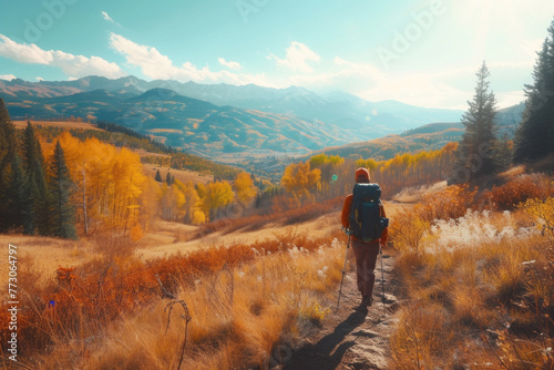 Hiker Exploring an Autumn Trail with Picturesque Mountain Views in the Background