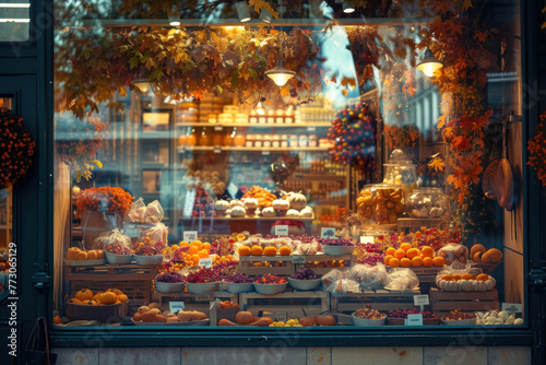 Charming Autumn Delicatessen Window Displaying an Array of Fresh Produce and Warm Ambiance