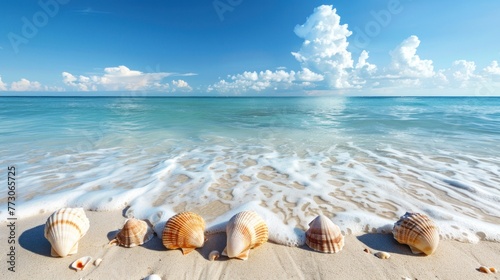 The sea, white sandy beach, shells lined up, clear sky
