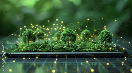 Green plants and abstract mobile phone. Smart farming concept. Low poly style design. Blue geometric background. Isolated modern illustration.
