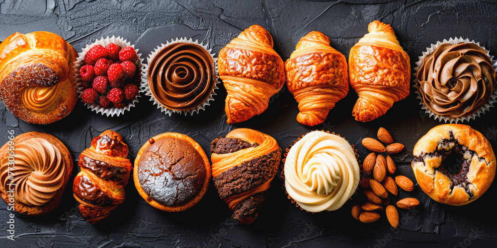 An assortment of freshly baked pastries and sweets, including croissants, raspberries, and chocolate desserts, displayed on a dark textured surface.