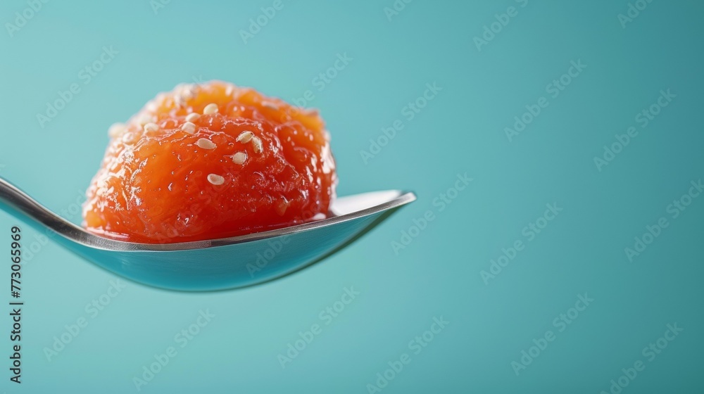 A spoon with a small piece of food on it, AI A spoon with a small piece of food on it, AI