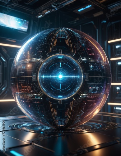 A sleek, futuristic orb glows with complex circuitry within a high-tech control room, symbolizing advanced technology and data processing capabilities.