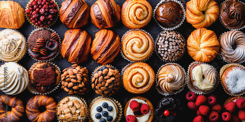 An array of delectable pastries including croissants, Danishes, and tarts, garnished with fresh berries and nuts, on a flat surface.