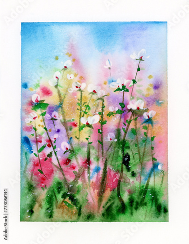 Colorful flowers painting,  floral background. Watercolor illustration.