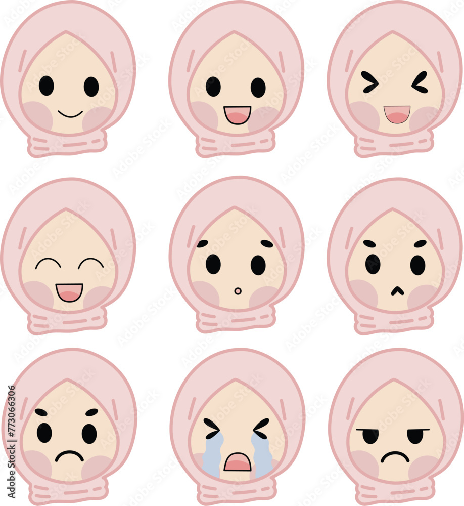 Various pink hijab chibi girl head expression. cute expression vector. vector illustration Various pink hijab chibi girl head expression. cute expression vector. vector illustration
