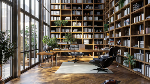 A chic home office space in a Scandinavian loft, complete with a sleek desk, ergonomic chair, and floor-to-ceiling bookshelves filled with design books and decorative objects. 8K. photo
