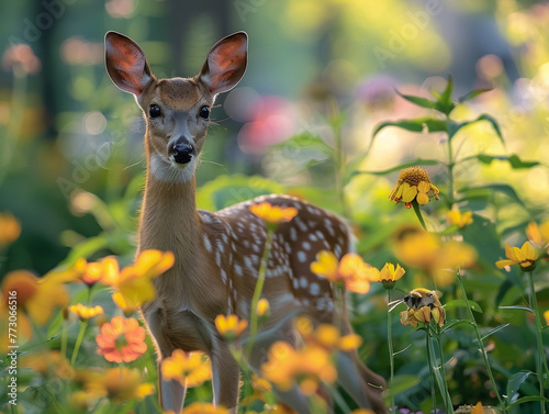 Deer wandering through urban parks, bees buzzing among colorful city flowers, and squirrels making homes in green rooftops Urban re-wilding in progress Photography, backlight, depth of field bokeh eff