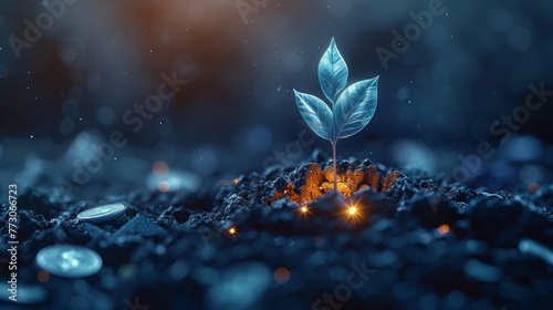 Graphite illustration of an abstract blue plant growing from a pile of coins. Money concept design. Low poly style design. Blue geometric background. Wireframe light connection structure. Modern
