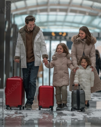Family with children and luggage on an airport transfer
