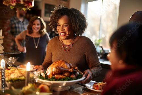 Family Celebrating Thanksgiving with Joyful Woman Holding a Roasted Turkey photo
