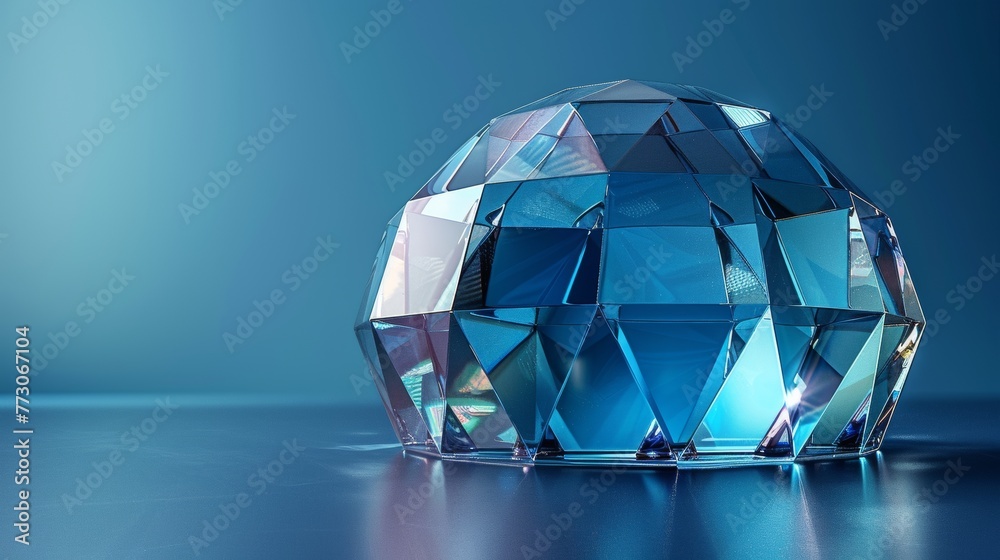 Empty blue glass dome with neon sphere shield. Protection concept. Design in a low poly digital style. Blue geometric background. Wireframe connection structure. Modern 3d graphic concept. Modern - obrazy, fototapety, plakaty 