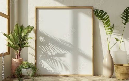 Mockup frame close up in coastal style home interior background  3d render