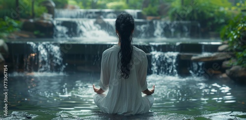 Woman meditating in a yoga ...