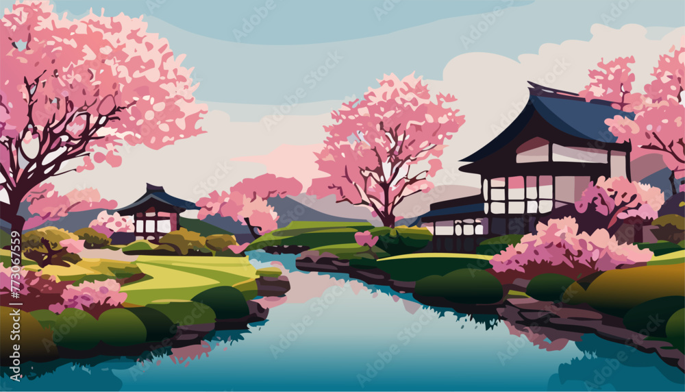 Fototapeta premium Japanese garden with cherry blossoms and lake and mountains