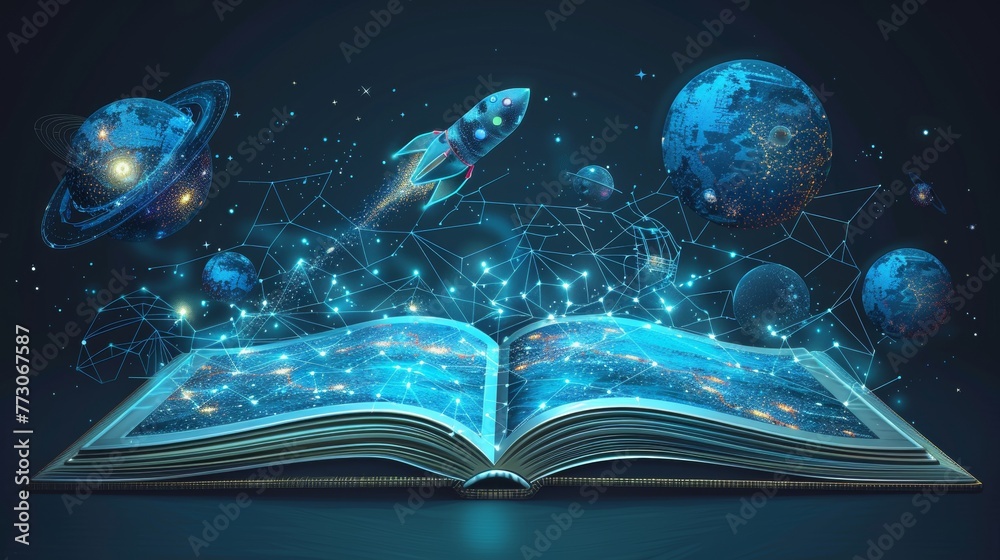 Flying rocket and open book with stars and planets in a low poly style ...