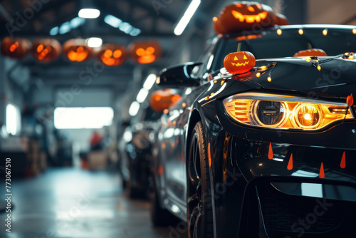 Halloween Spirit in a Car Dealership with Pumpkins and Lights