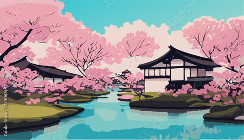 Japanese garden with cherry blossoms and lake 
