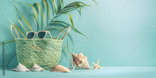 Seashells, summer bag and glasses on a blue background. Banner concept template for advertising vacations, travel packages, summer sales with space for text