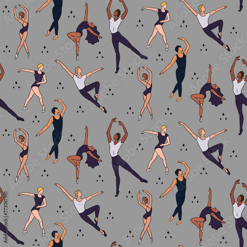 Seamless pattern with dancing women and men. Artistic concept on grey background. Flat hand drawn females and males silhouettes. Trendy print design for textile, wallpaper, wrapping