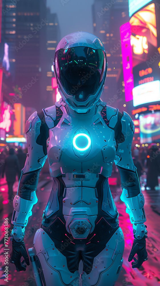 Quantum Teleporter, futuristic suit, ethereal, in a bustling city, under neon lights, 3D render, Backlights, HDR