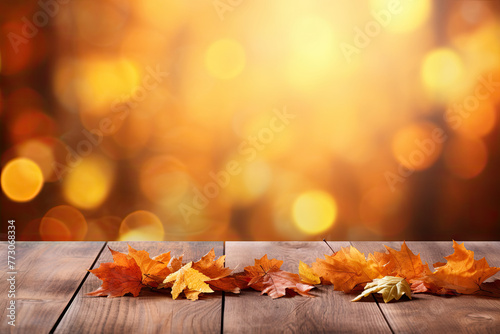  Warm Autumn Background with Golden Leaves on a Wooden Surface