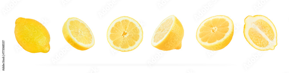 Lemon set isolated on white with clipping path. Juicy ripe flying yellow lemons on white background. Creative food concept. Summer minimalistic bright fruit background. Pattern. Lemon set isolated on white with clipping path. Juicy ripe flying yellow lemons on white background. Creative food concept. Summer minimalistic bright fruit background. Pattern.