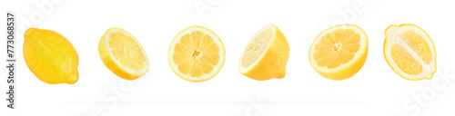 Lemon set isolated on white with clipping path. Juicy ripe flying yellow lemons on white background. Creative food concept. Summer minimalistic bright fruit background. Pattern. © kasia2003