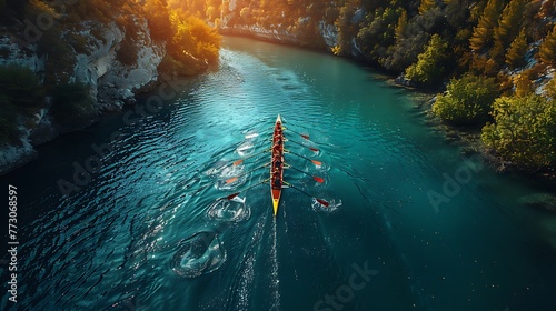 Capture the rhythmic cadence of a rowing team, oars slicing through the water in perfect harmony. photo