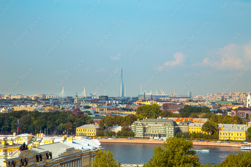 Naklejka premium Aerial view of the Neva River and Vasilyevsky Island from the colonnade of St. Isaac's Cathedral.