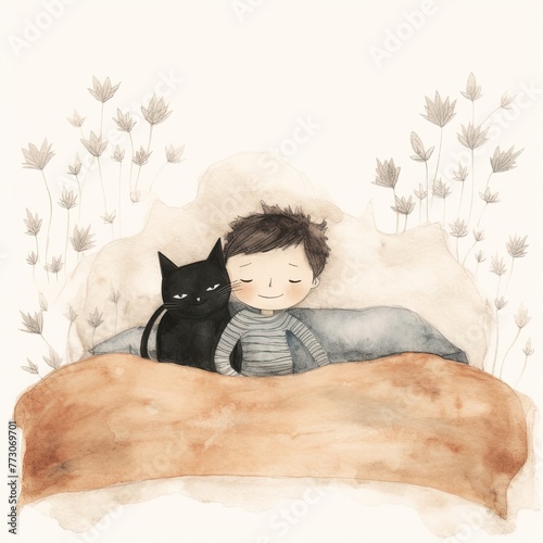 Delightful Boho illustration of a lazy cat and a boy laying on a bed,