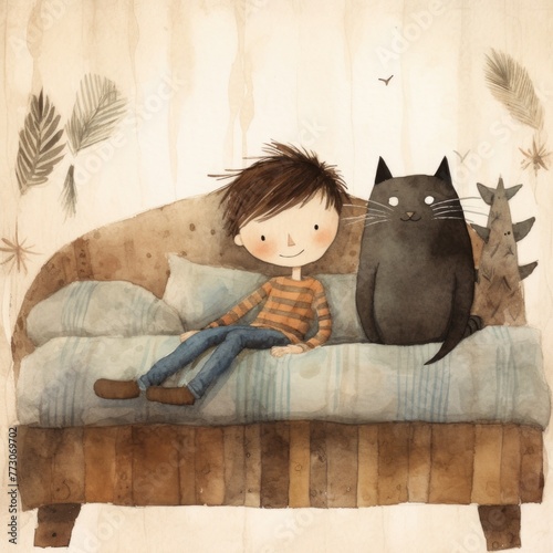 Delightful Boho illustration of a lazy cat and a boy laying on a bed,