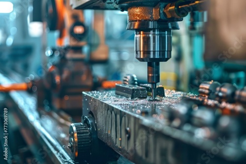 This image showcases the intricate metalworking process happening in a high-tech industrial facility It captures the precise and controlled drilling of a metal workpiece,highlighting the advanced photo